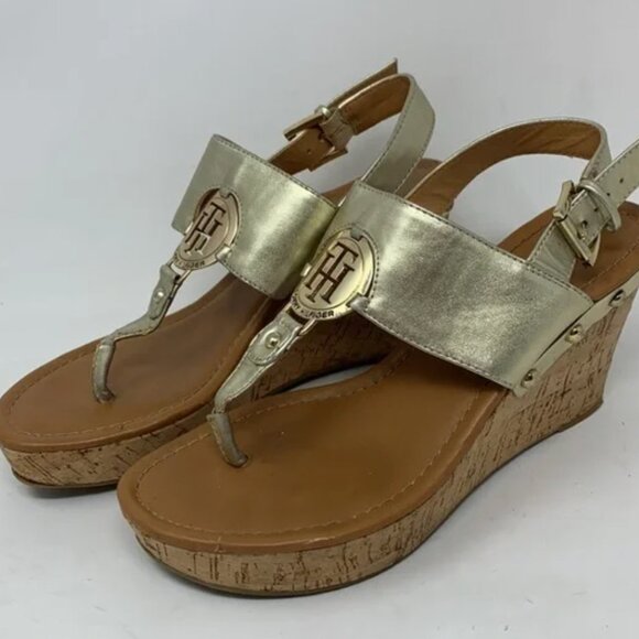 Tommy Hilfiger gold cork wedge sandals T strap - Picture 2 of 3